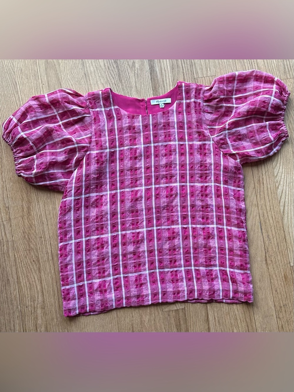 Madewell Pink/White Plaid Pattern Puff-Short Sleeve Pullover Top (XS)